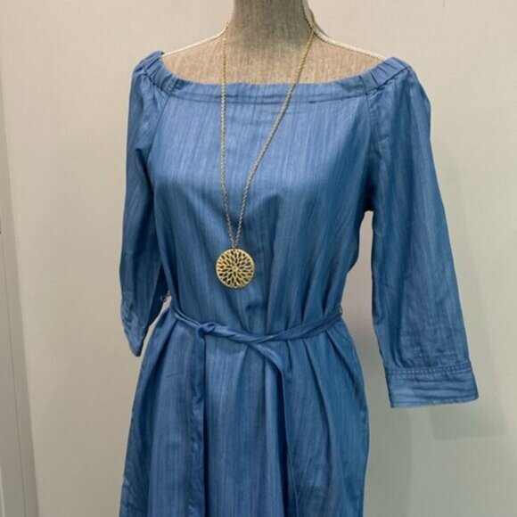 DO+BE Chambray Off Shoulder Belted Dress  Blue Denim Look Boho Cottagecore - Picture 3 of 13